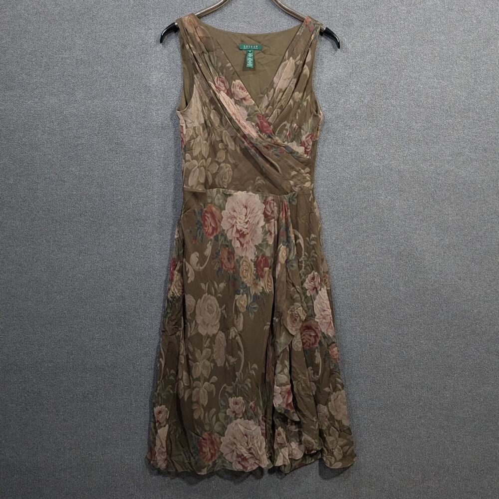 Ralph Lauren LRL Silk Dress Womens 8 Faux Wrap Ruffle Tank Feminine Soft Elegant